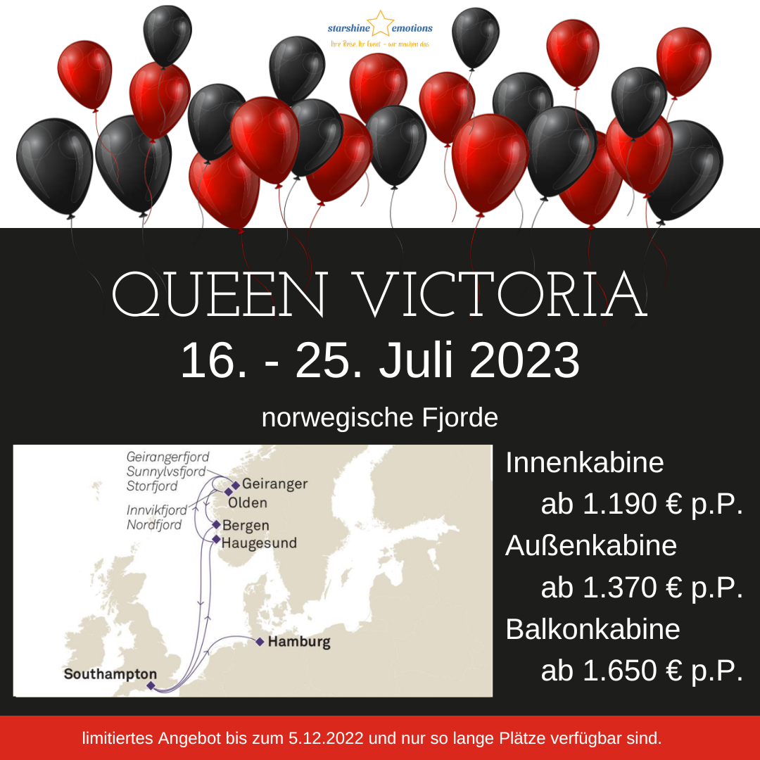 Black Friday Reiseangebot. Kreuzfahrt mit der Queen Victoria zu den norwegischen Fjorden. Ab Hamburg