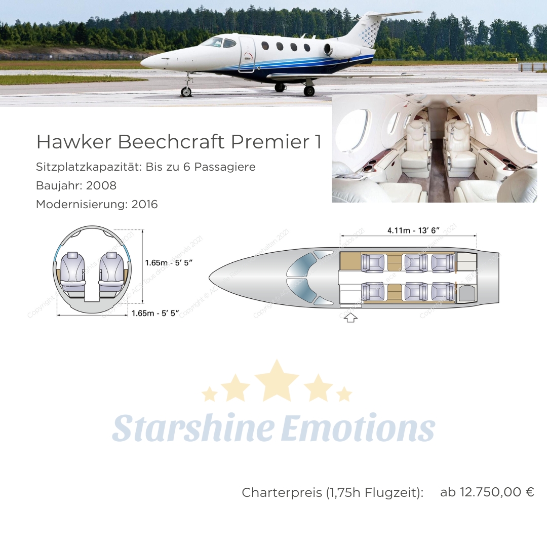 Hawker Beechcraft Premier 1. Sitzplatzkapazität: Bis zu 6 Passagiere Baujahr: 2008 Modernisierung: 2016