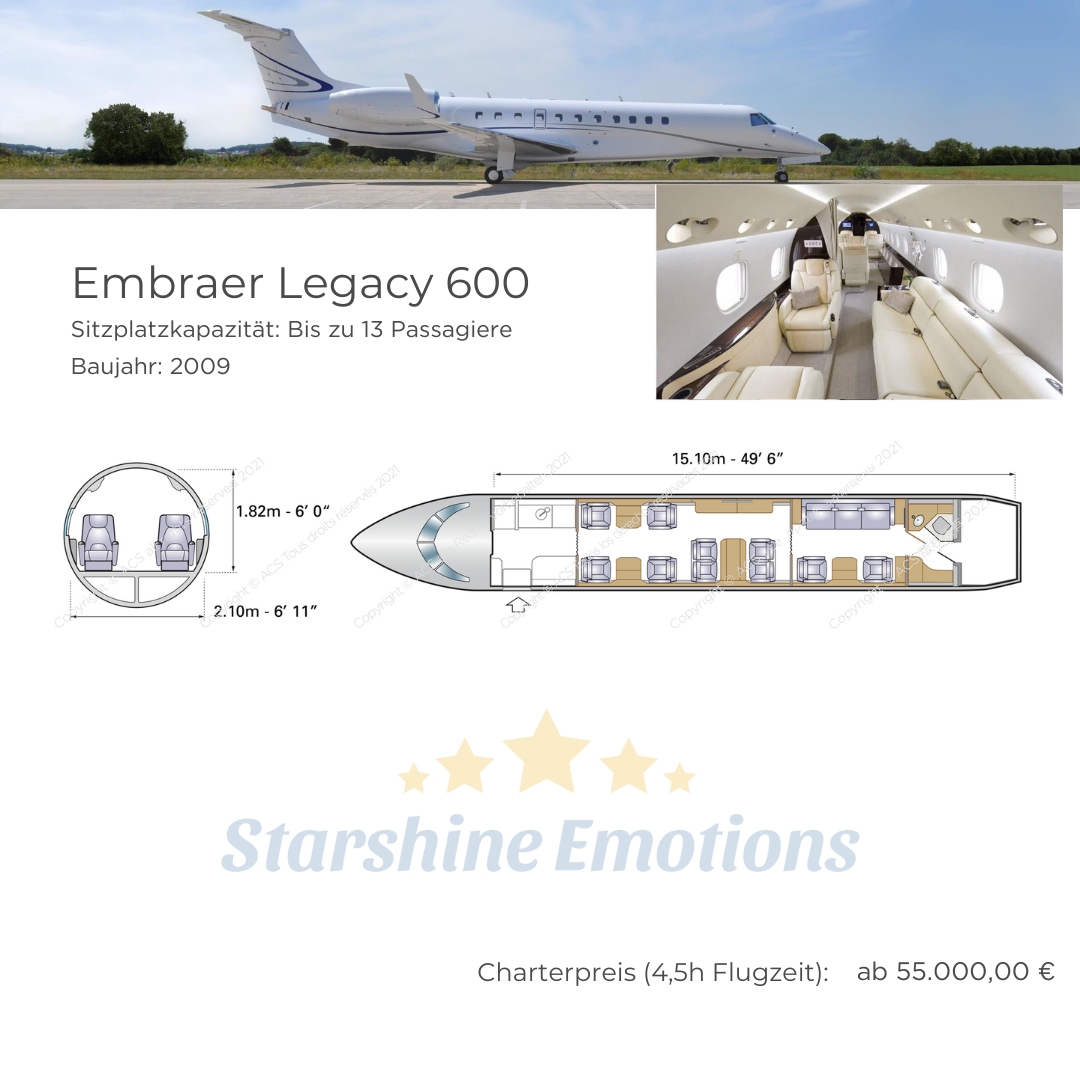 Embraer Legacy 600. Sitzplatzkapazität: Bis zu 13 Passagiere Baujahr: 2009