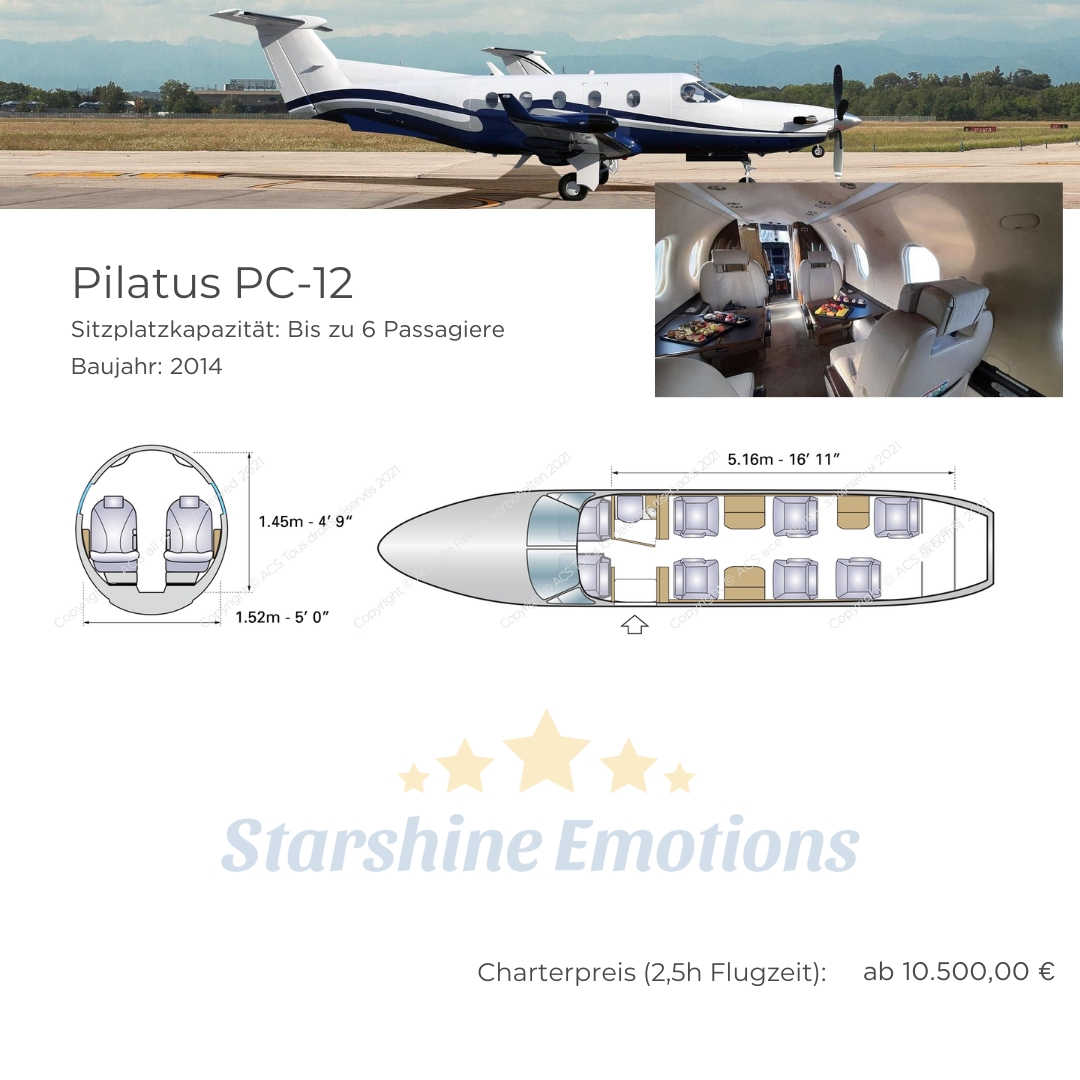Pilatus PC-12. Sitzplatzkapazität: Bis zu 6 Passagiere Baujahr: 2014