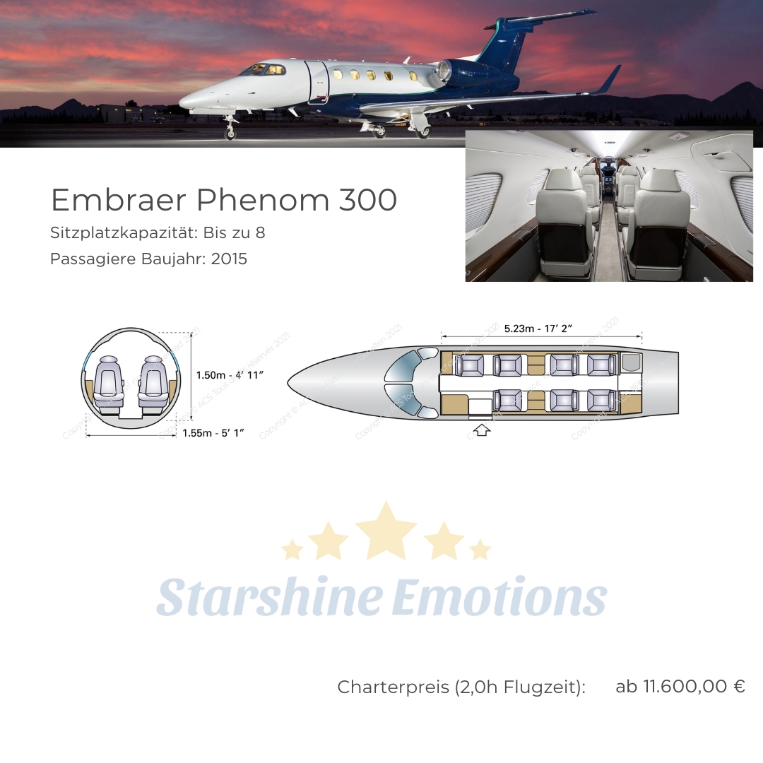 Embraer Phenom 300. Sitzplatzkapazität: Bis zu 8 Passagiere Baujahr: 2015
