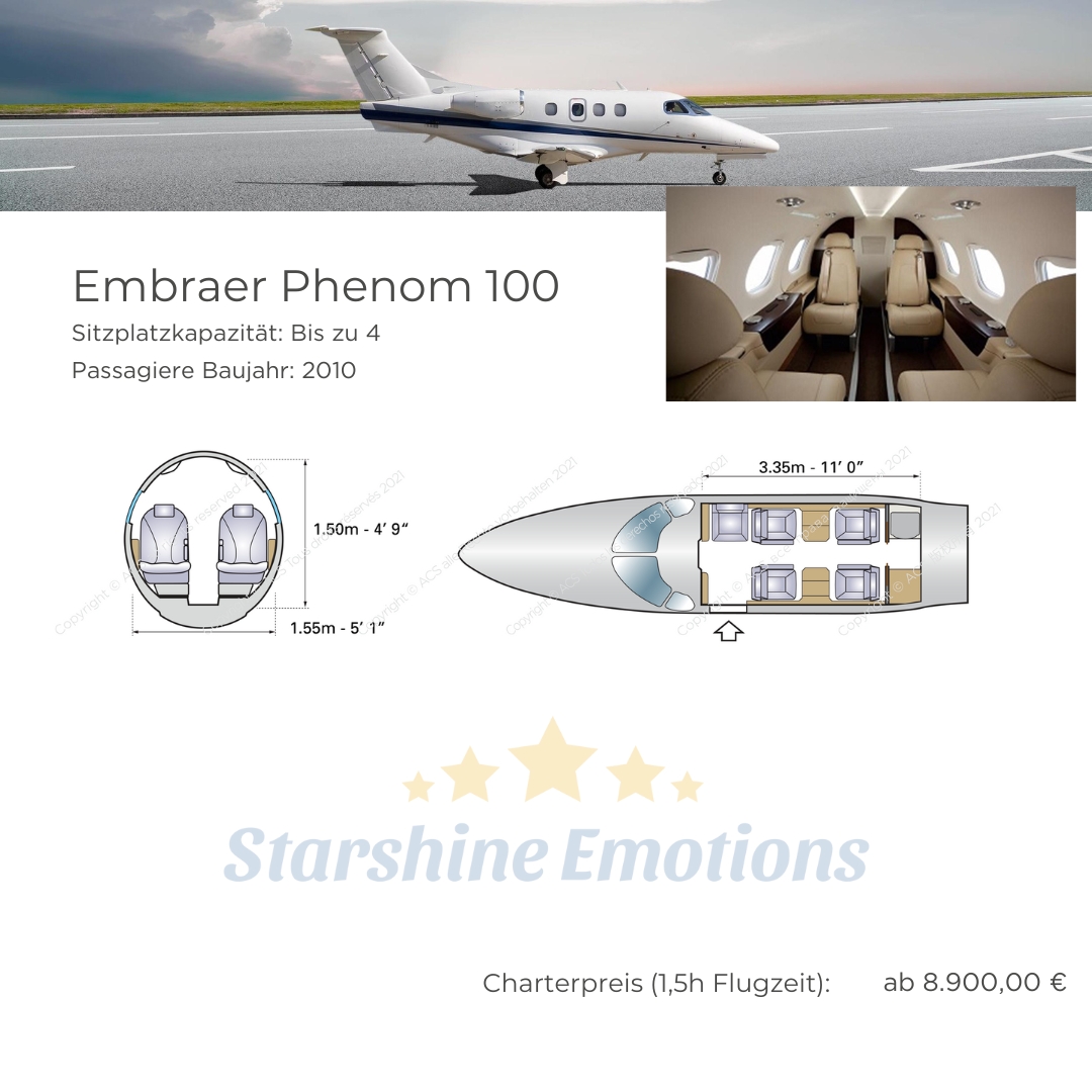 Embraer Phenom 100. Sitzplatzkapazität: Bis zu 4 Passagiere Baujahr: 2010