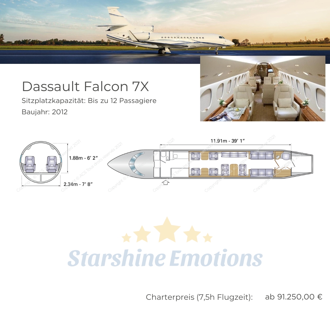 Dassault Falcon 7X. Sitzplatzkapazität: Bis zu 12 Passagiere Baujahr: 2012