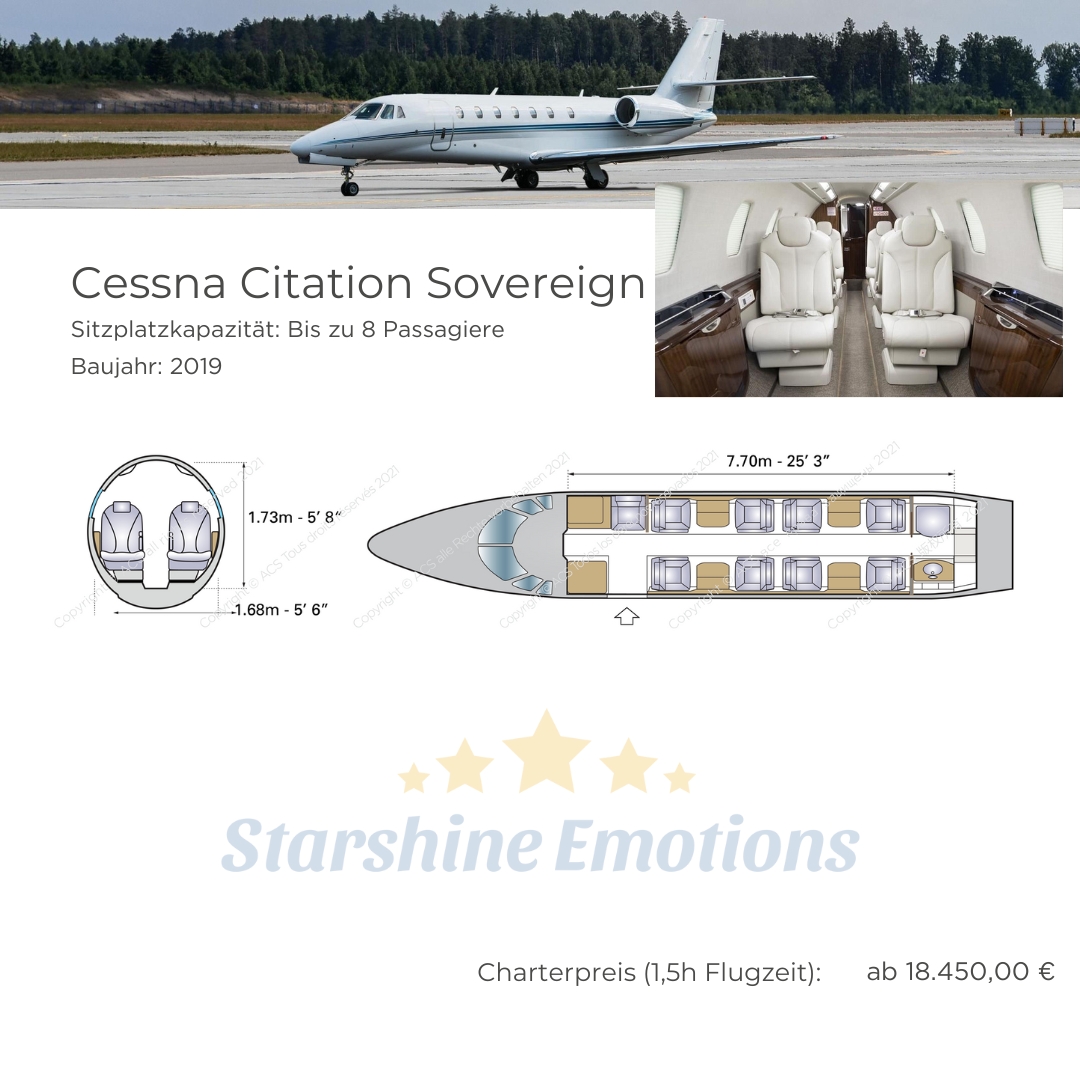 Cessna Citation Sovereign. Sitzplatzkapazität: Bis zu 8 Passagiere Baujahr: 2019.